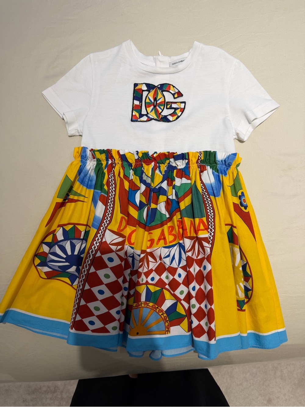 Dolce & Gabbana White Top Multicolor Yellow Patterned Skirt Girls Dress